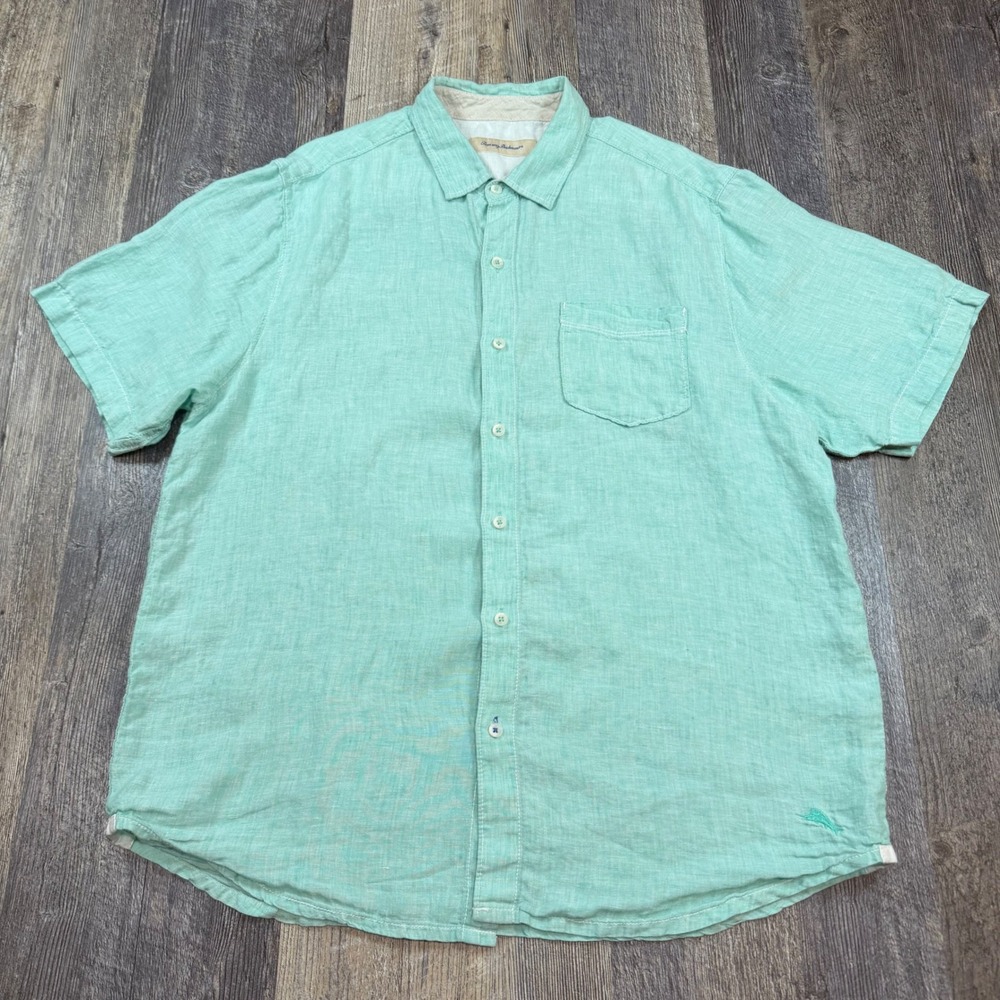 Tommy Bahama Button Down Shirt Mens L Green 100% Linen Short Sleeve Marlin Logo